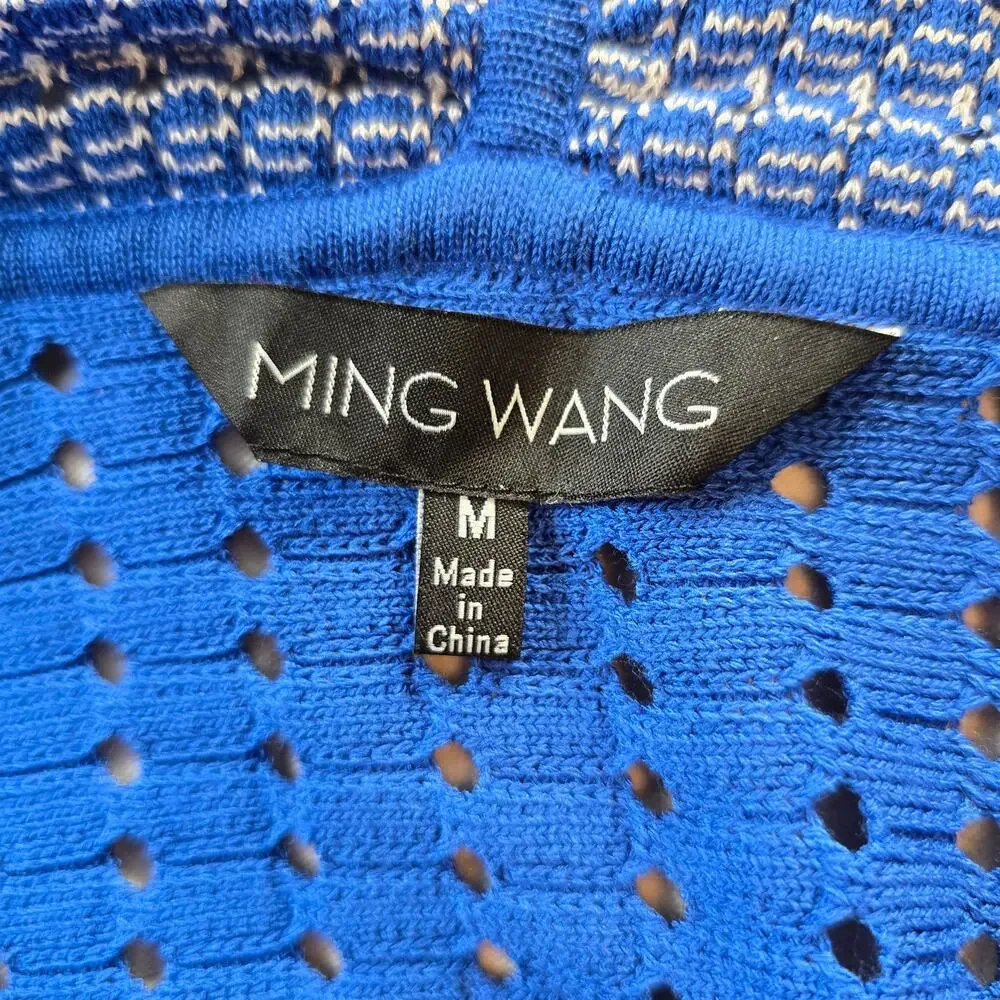 Ming Wang Cardigan Women's M Royal Blue White Open Knit Textural Classic Coastal - Picture 5 of 9